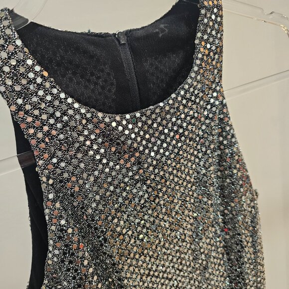 All That Jazz Silver Foil Dot Sequin Knit Halter Mini Dress (Zipper Back, Lined) - Picture 2 of 5